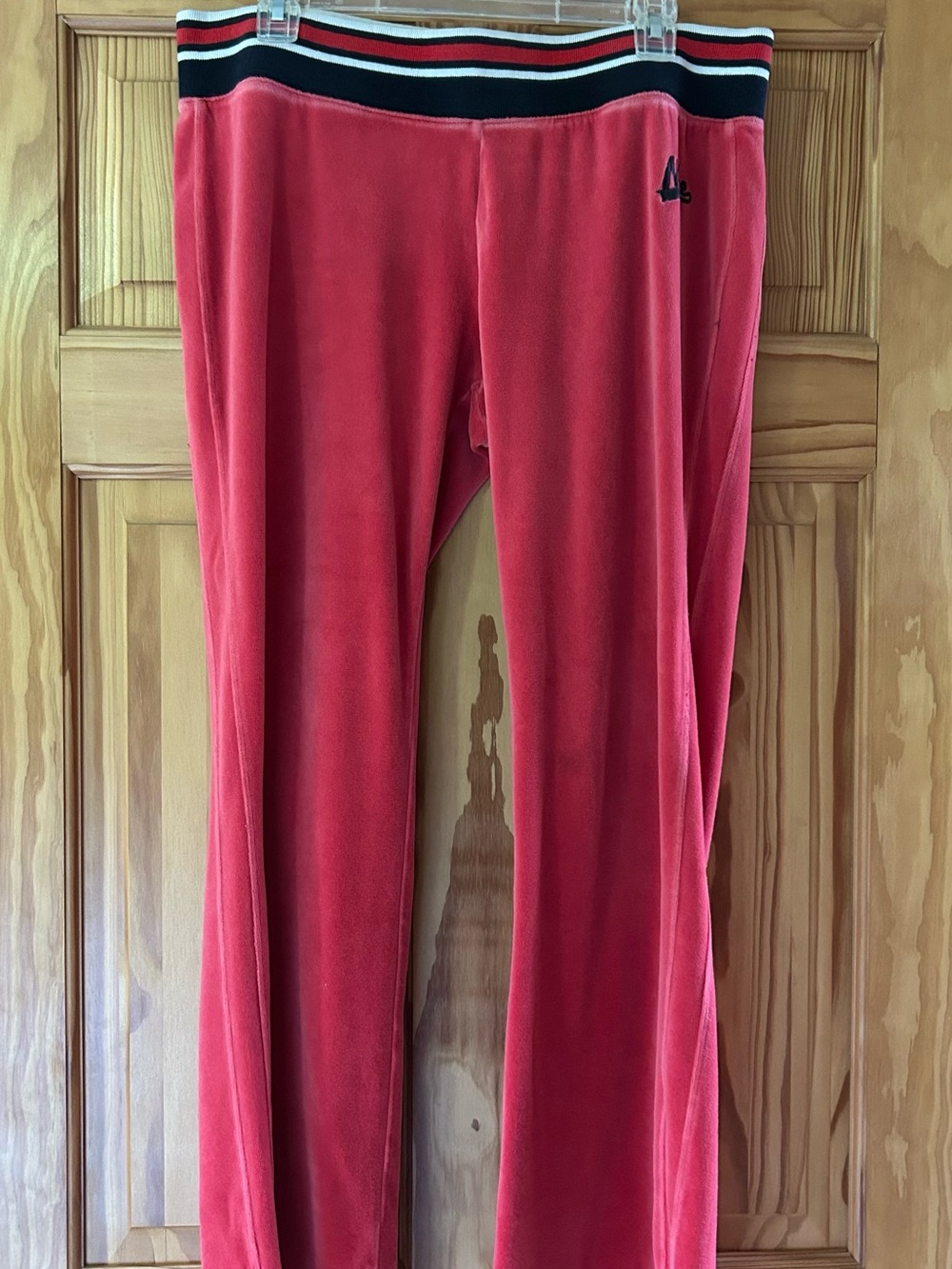 Nike Red Velour Track Pants with Striped Waistband. Drawstring is missing. Very